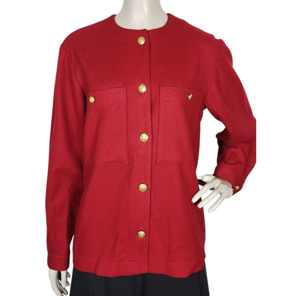 Vintage 80s LL Bean Collarless Red Wool Jacket Gold Button Coat Women's Size M/L